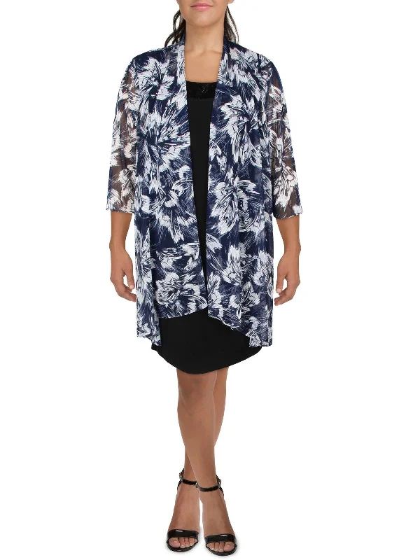 Casual Chic Plus Womens Mesh Printed Duster Blazer