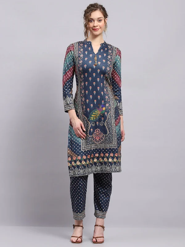 Fashion Sale Women Blue Printed Round Neck 3/4th Sleeve Kurti Set for Winter