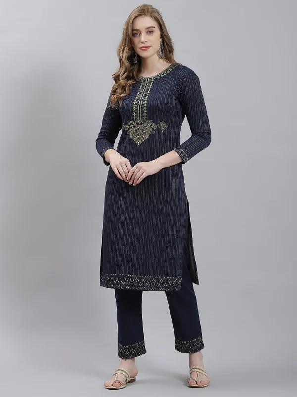 Dreamy Draping Women Navy Blue Self Kurti+Lower Set