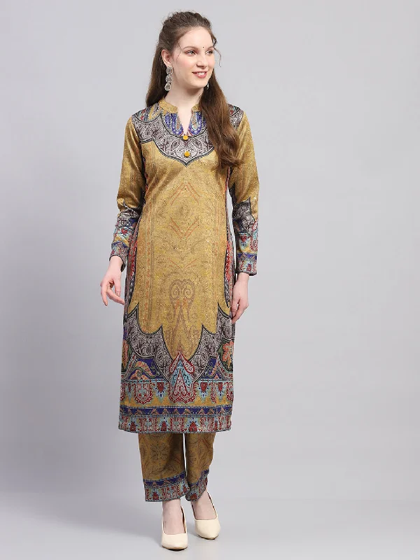 Trend Setting Wardrobe Women Yellow Printed Round Neck Full Sleeve Kurti Set for Winter