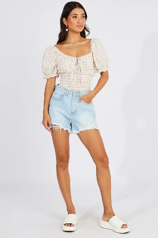 Feminine Soft - Hued Styles Beige Check Bodysuit Short Sleeve