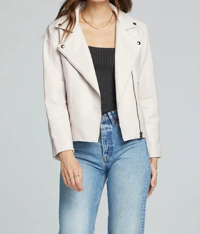 Premium Style Effie Vegan Leather Moto Jacket In Bone