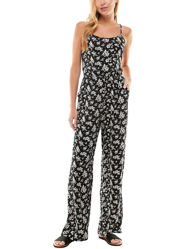 Mother's Day Special Juniors Womens Floral Print Straight-Leg Jumpsuit