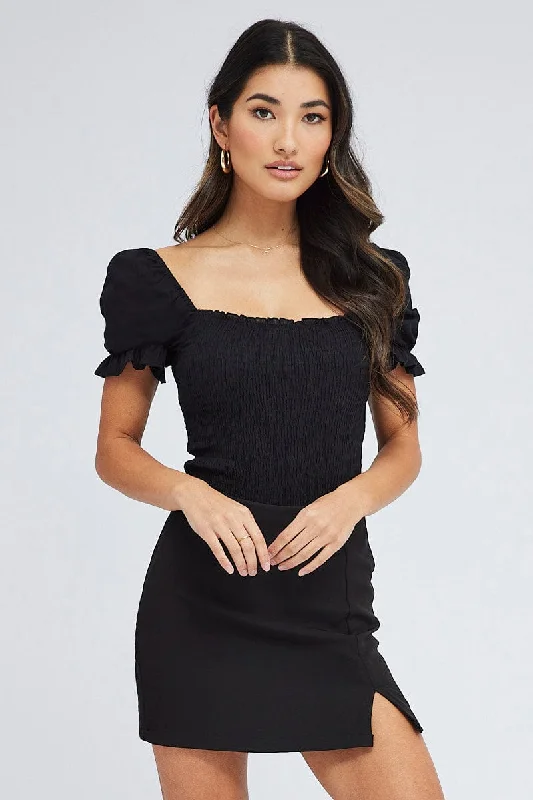 Trendy Pulse Black Puff Sleeve Bodysuit Cotton