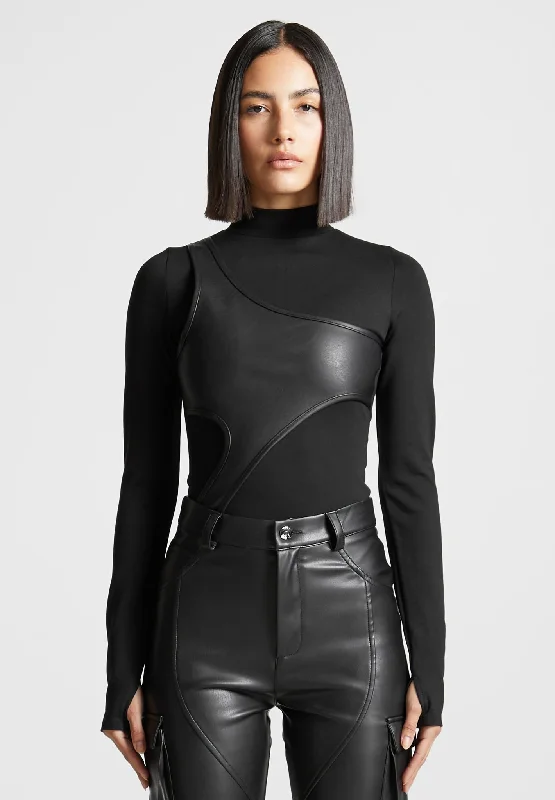 Effortless Everyday Wear Leather Overlay High Neck Bodysuit - Black