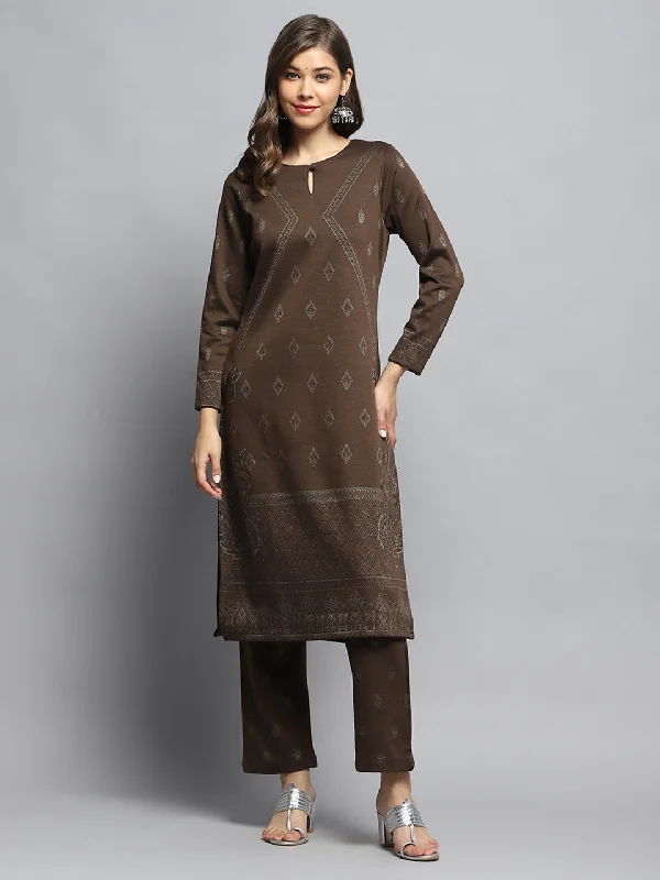 Don't Miss Out Women Brown Self Design Round Neck Full Sleeve Kurti Set