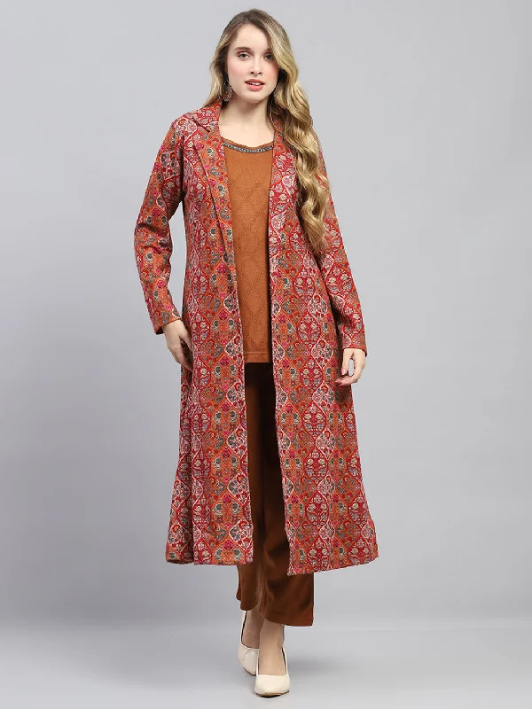 Style Upgrade Women Rust Self Design Collar Full Sleeve 3 Pc set (Kurti+Shrug+Lower)