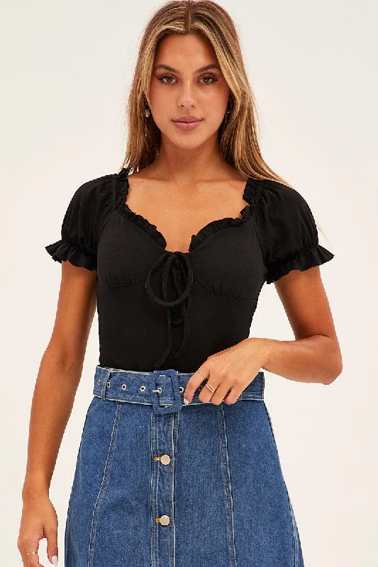 Chic Style, Always In Vogue Black Off Shoulder Ribbed Bodysuit