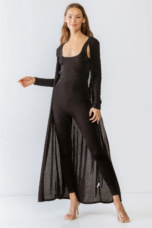 Exclusive Sale Hot Girl Cut-Out Detail Slim Fit Jumpsuit & Open Front Long Sleeve Cardigan Two Piece Set In Black