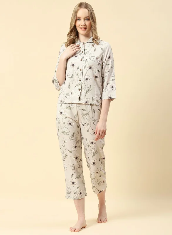 Minimalist Chic Women Beige Printed CoordiNAte Set