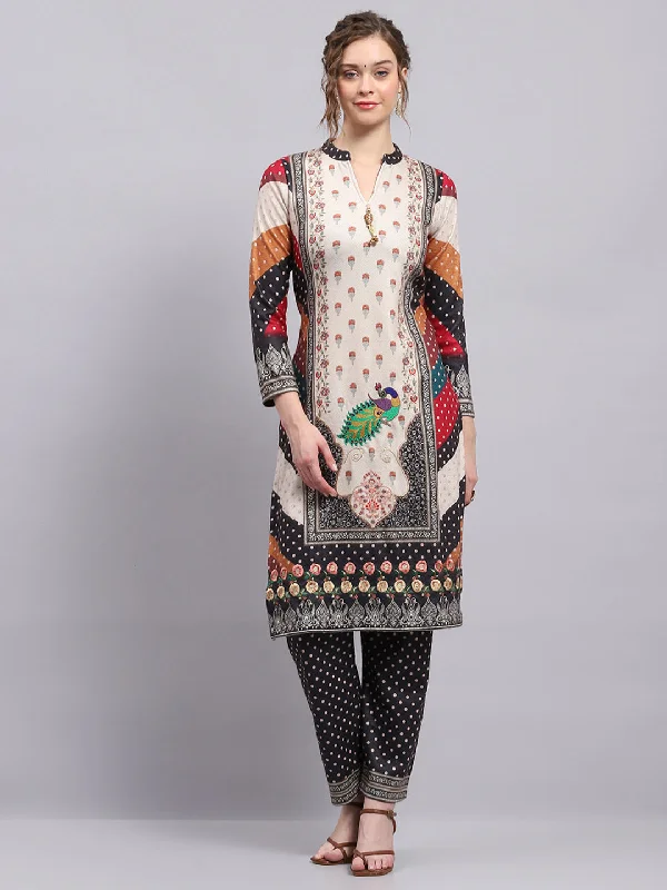 Colorful Clothing Women Cream Printed Round Neck 3/4th Sleeve Kurti Set for Winter