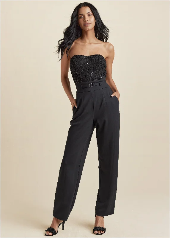 Elegant Simplicity Wardrobe Lace Corset Jumpsuit - Black