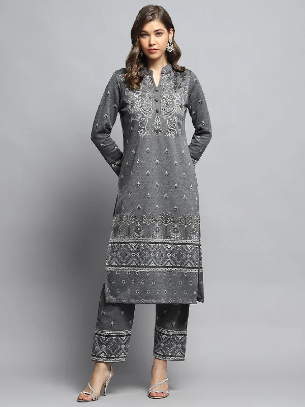 Final Sale Women Grey Self Design Mandarin Collar Full Sleeve Kurti Set