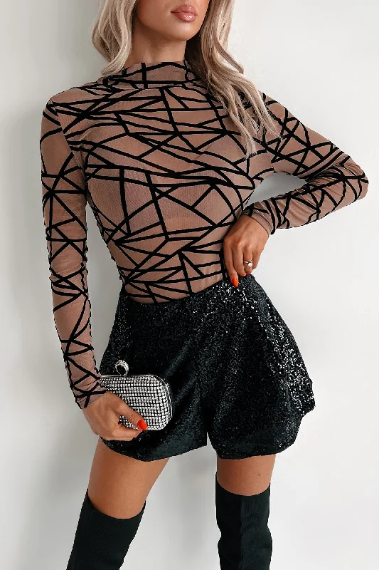 Elegant Attire For The Modern Lady Miss Sassy Geometric Mesh Bodysuit (Coffee)