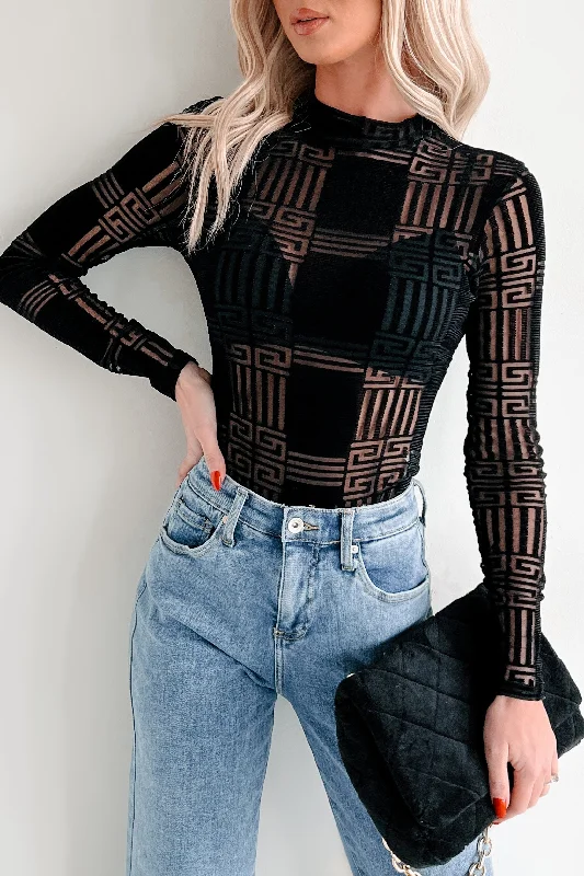 Chic Sophistication Amazed By You Geometric Mesh Bodysuit (Black)