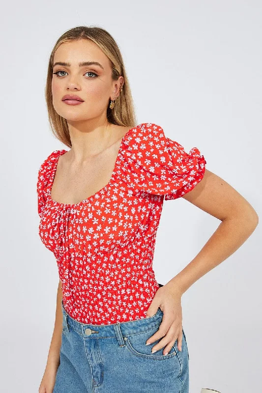 Fashion For Every Occasion Red Ditsy Bodysuit short Sleeve