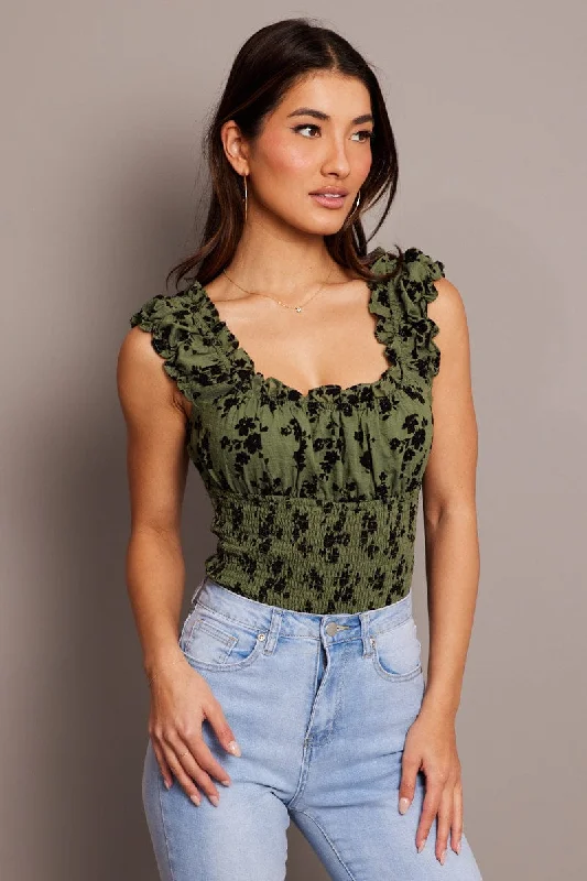 End Of Season Sale Green Ditsy Bodysuit Short Sleeve Shirred