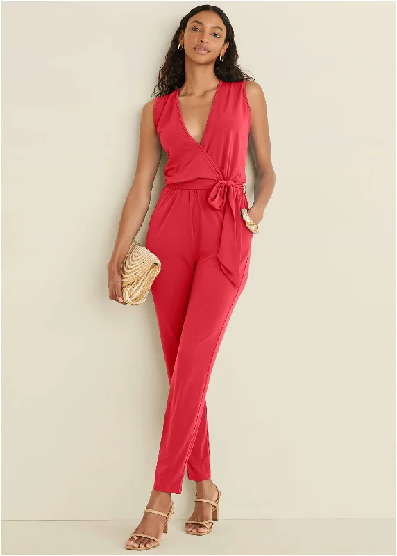 Chic Style, Always In Vogue Wrap Tie Jumpsuit - Red