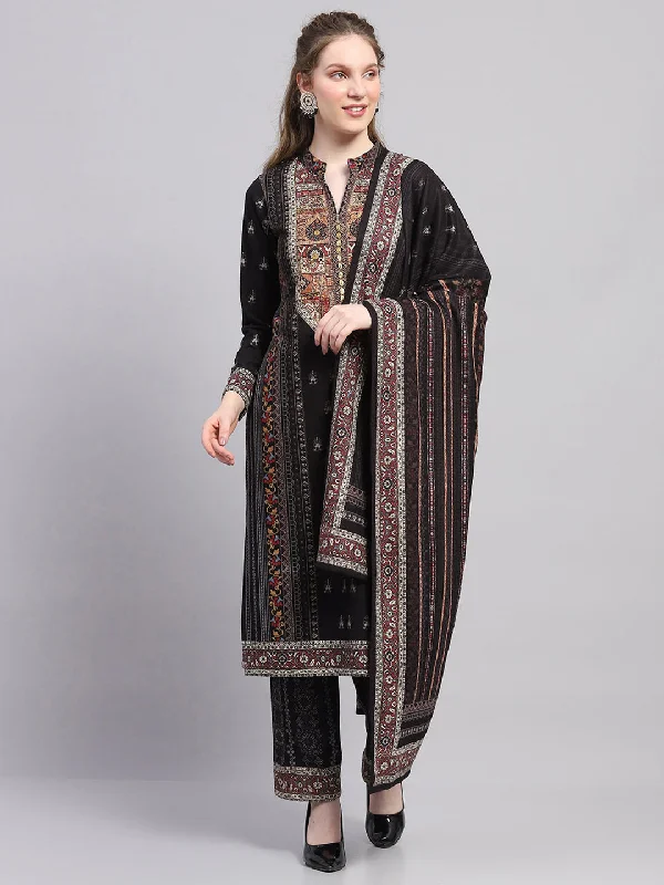 Your Timeless Wardrobe Awaits Women Black Printed Round Neck Full Sleeve Kurti Set with Stole