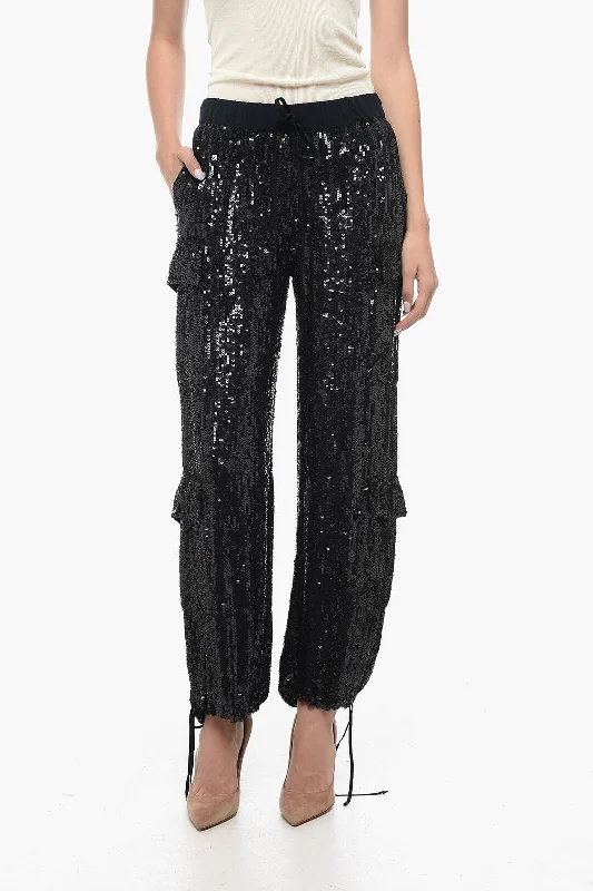 Limited - Time Bundle Parosh Sequined Cargo Pants with Draw-String